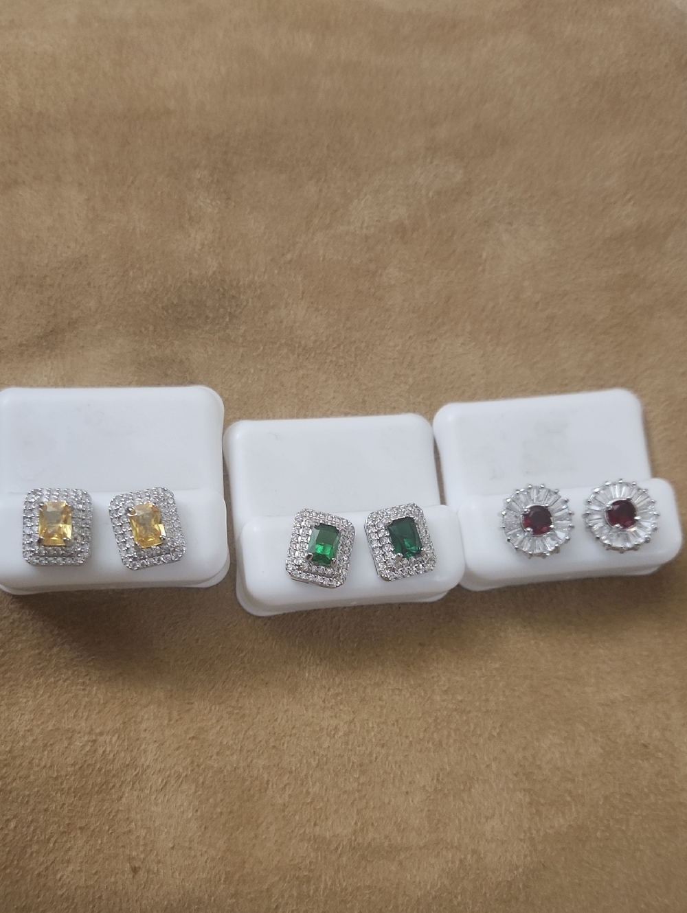Get 3 Sterling Silver Cubic Zirconia Stud Earrings - Yellow, Green, and Red